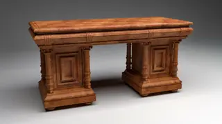 3D Visualisierung eines großen verschnörkelten Holztischs